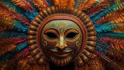 Fototapeta premium Elaborate colorful ceremonial mask with feathers ceremonial colorful feathers traditional artistic festival decoration intricate heritage performance theatrical mythology folklore