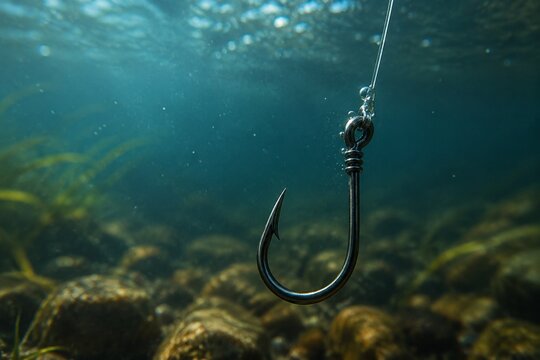 Fishing hook submerged underwater in natural aquatic environment.