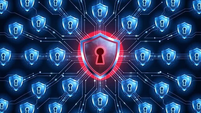 Glowing cybersecurity shield network pulsing around a central red security alert