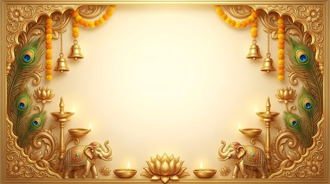Ornate golden Indian festival frame with elephants and peacock feathers