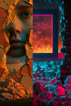 old and new divided abstract design, retro and futuristic split poster background with bold contrast, past versus future dual background with neon and vintage textures