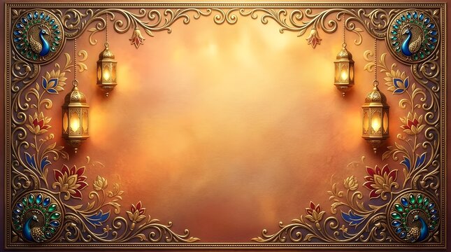 Golden ornate border with peacock motifs and glowing lanterns for festival