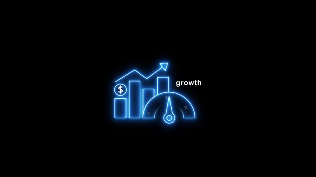 Neon business growth chart and speedometer animation: financial success and performance metrics concept