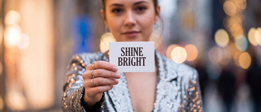 Young woman holding a sign that says shine bright in a city setting with bokeh lights