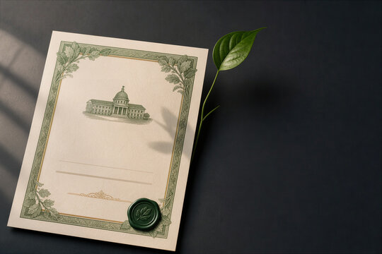 Sovereign green bond certificate on cream paper with embossed botanical border and forest green wax seal for G7 summit sustainable finance and climate policy publications