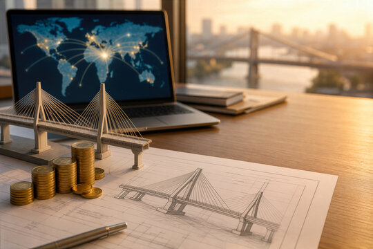 Bridge blueprint with scale model and stacked gold coins on wooden desk with laptop world map connections symbolizing diaspora bonds remittance investment civic finance and infrastructure funding