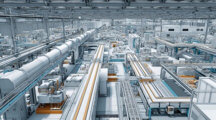 Fototapeta premium Factory construction interior with industrial manufacturing equipment, modern production LINE and engineering technology in large industrial facility