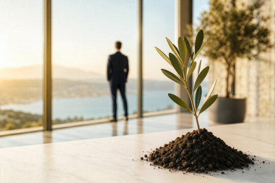 COP31 sustainability concept olive seedling on soil with business leader silhouette in modern office symbolizing climate change leadership international cooperation Australia Turkiye ESG