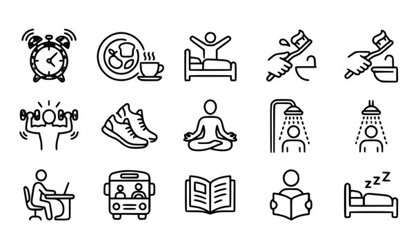 Daily activity icon vector set with editable stroke symbols for morning routine breakfast exercise jogging and meditation