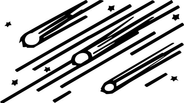 Black and white illustration of falling meteorites with star symbols