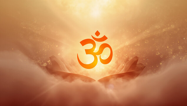 Glowing golden om symbol floating above open palms in a divine light and misty atmosphere with spirituality meditation religious hinduism spiritual mindfulness enlightenment tranquility