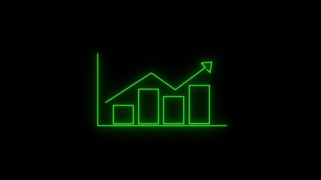 Neon green financial bar chart growth animation, business data analysis concept finance graph