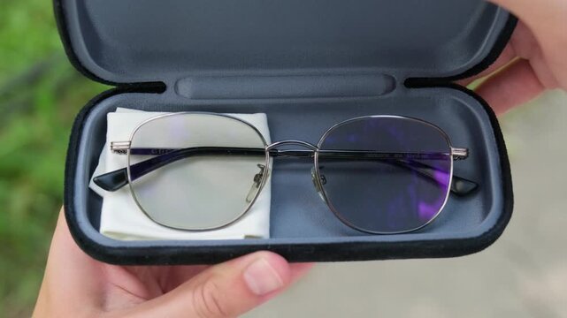 Opening hard shell case with a pair eyeglasses inside. Close up of hands opening a black case to reveal a pair of silver metallic glasses.