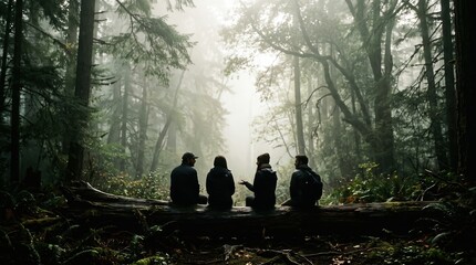 Obraz premium Friends sitting on fallen log talking in misty forest