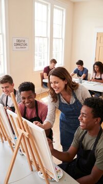Female art teacher helping diverse teenage students paint on canvases in a bright studio, representing creative education and mentorship in a workshop setting.