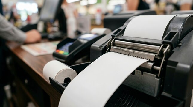 Macro shot of a blank white receipt coming out of a printer. Close-up of point of sale machine on a wooden checkout counter. Retail business transaction concept