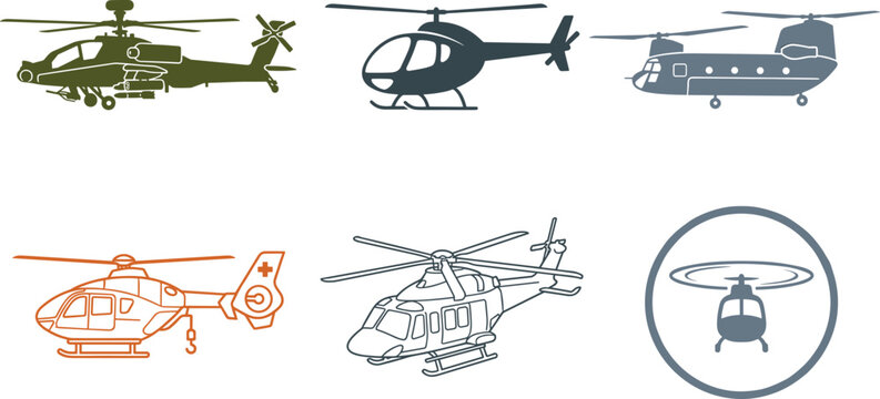 Military and Civil Helicopter Vector Set Featuring Cargo Chopper, Attack Gunship, Medical Rescue, and Outline Silhouette Icons
