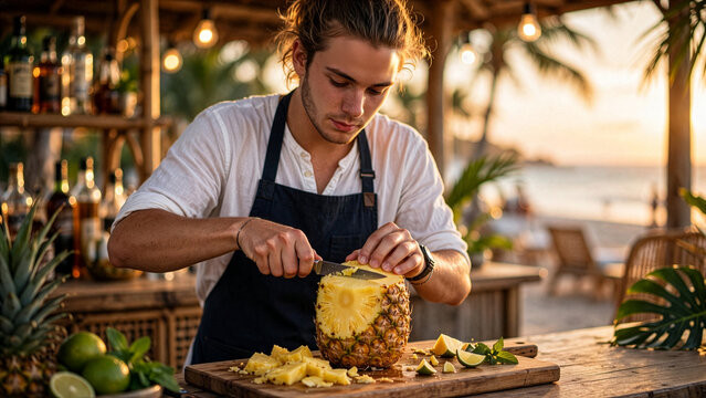 A handsome male bartender in an apron carefully cuts a fresh pineapple at an outdoor tropical beach bar counter during a beautiful sunset vacation.