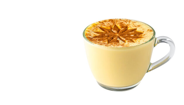 A traditional glass of creamy eggnog topped with freshly grated nutmeg and cinnamon, served in an elegant glass mug, isolated on transparent background