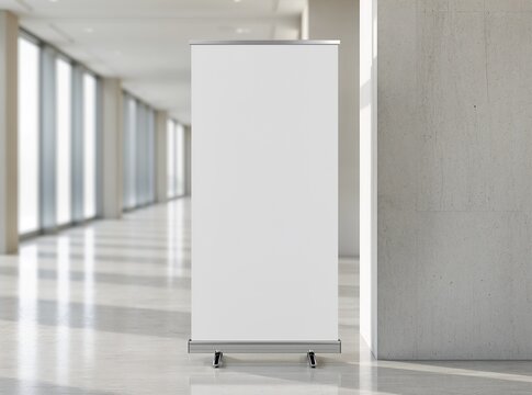 Blank white vertical roll-up banner stand in a modern office hallway. Presentation mockup.