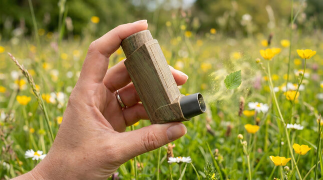 Woman holding asthma inhaler in blooming meadow. Allergy relief concept, medicinal device for respiratory treatment during spring pollen season. Nature health and medical care protection.