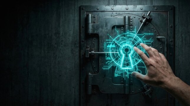 Man hand touching holographic digital keyhole on steel bank vault door. Cybersecurity concept of unlocking encrypted data. Secure financial access, safety technology and information protection.