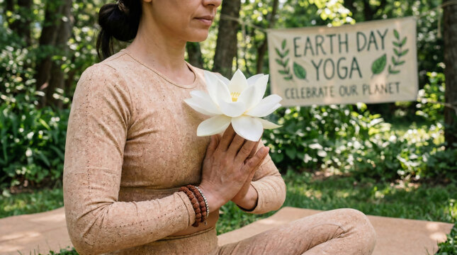Woman meditating with white lotus flower during Earth Day yoga session in nature park. Practicing mindfulness and spiritual wellness. Environmental awareness and connection to planet concept.