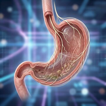 Stomach with Gastroparesis (Nerves): A detailed illustration of the stomach with a visible depiction of damaged or sluggish vagus nerves intertwined with the stomach wall, symbolizing delayed emptying