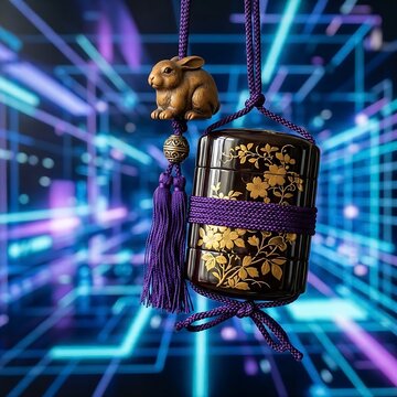A lacquered inro box with gold floral inlays, tied with a silk cord and netsuke bead carved as a rabbit, 