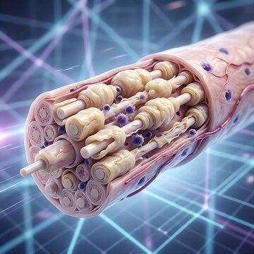 Chronic Inflammatory Demyelinating Polyneuropathy (CIDP): A peripheral nerve bundle encased in a thick, excessive, but uneven and swollen myelin sheath, depicting the overactive immune response and ev