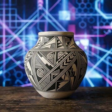 Native American Clay Pot (Pueblo): A hand-coiled Pueblo-style clay pottery vessel with black-on-white geometric patterns, matte finish,