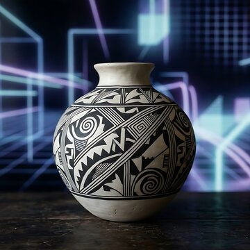 Native American Clay Pot (Pueblo): A hand-coiled Pueblo-style clay pottery vessel with black-on-white geometric patterns, matte finish,
