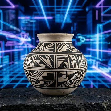 Native American Clay Pot (Pueblo): A hand-coiled Pueblo-style clay pottery vessel with black-on-white geometric patterns, matte finish,