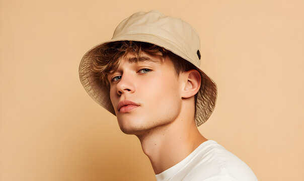 Handsome young man in stylish bucket hat on grey background