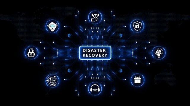 Disaster recovery technology dashboard showcasing intelligent data protection, connected enterprise resilience systems, automated backup operations and futuristic digital security infrastructure