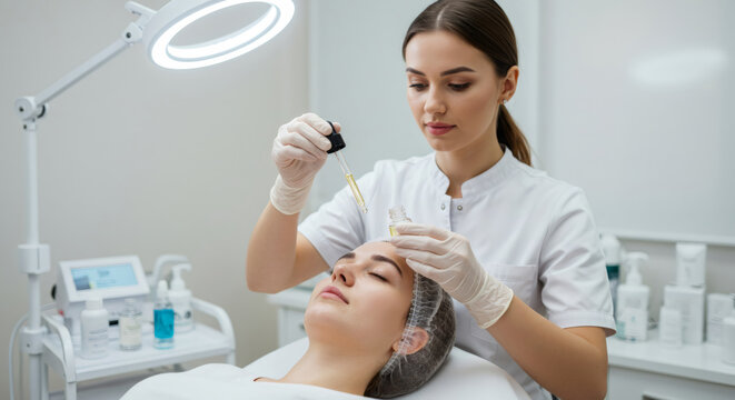 Woman cosmetologist applying serum to clients face during facial treatment. Skincare procedure in beauty salon for healthy skin.