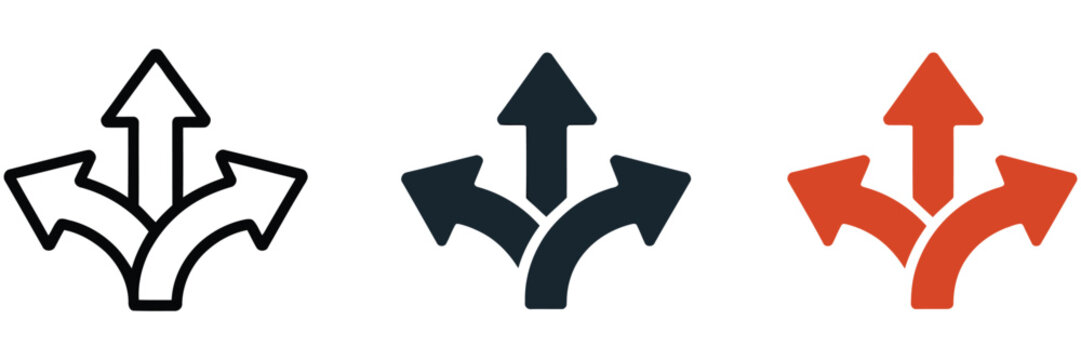 Direction arrow icon with multiple paths for choice, decision making, navigation, strategy, route planning, vector, design