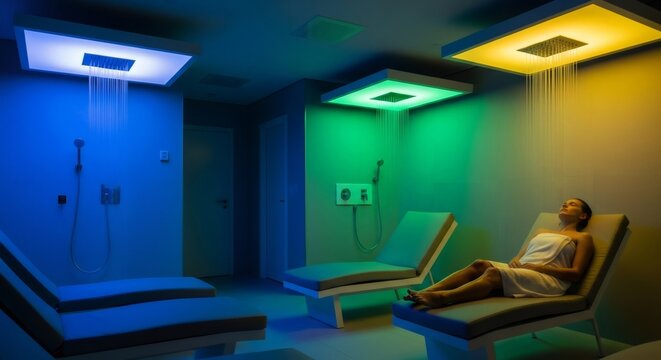 Woman relaxing in a spa with chromotherapy showers. Health and wellness treatment with color light therapy for relaxation and healing.