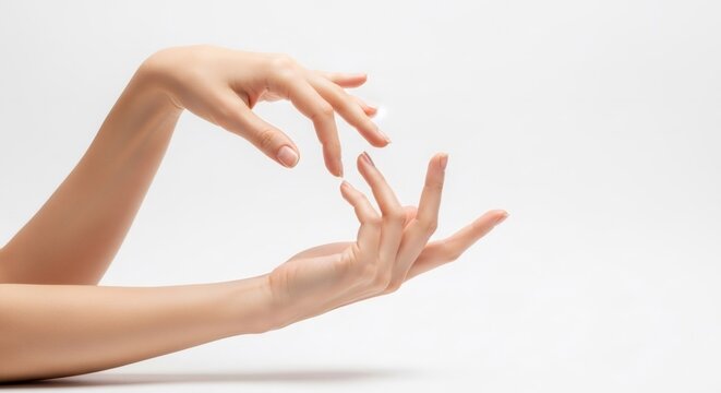 Womans hand holding empty imaginary object in a gestural pose. Beauty studio shot of skincare and graceful movement concept on a white background.