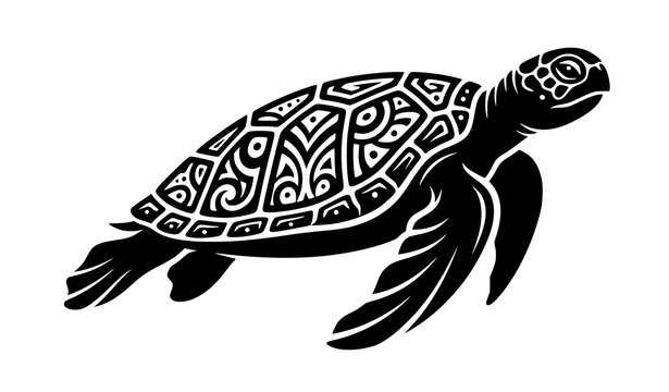 Swimming sea turtle black silhouette vector with detailed shell pattern