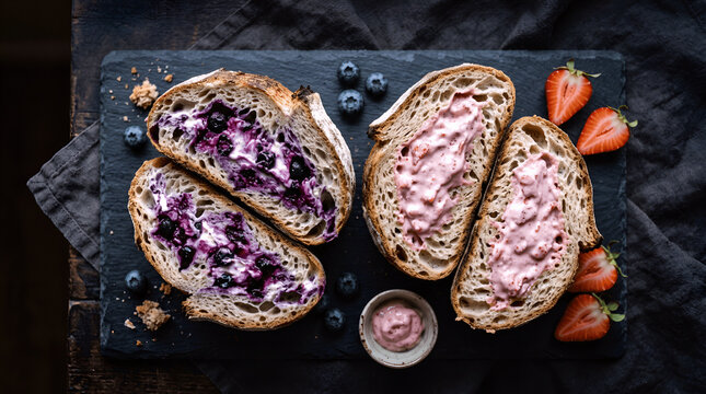 homemade sourdough with blueberry cream and strawberry cream cheese on a wooden table, food photography
