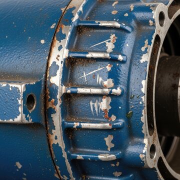 Heavily textured metal industrial component displays chipped blue paint and visible surface corrosion