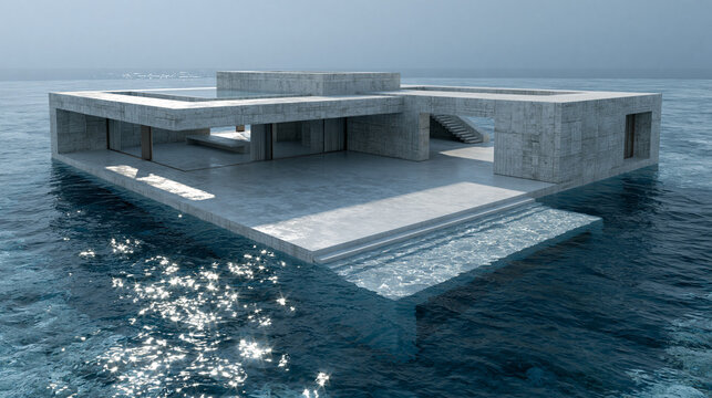 Concrete Floating Mansion with Infinity Pool. Sophisticated, minimalist, and serene architectural design for high-end coastal real estate and luxury travel resorts.