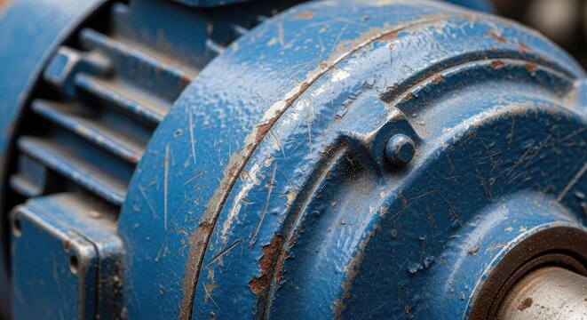 Detailed closeup shows peeling blue paint and corrosion on the housing of an industrial mechanical device