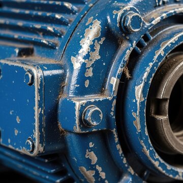 Weathered blue metallic casing of industrial machinery shows wear and exposed underlayer