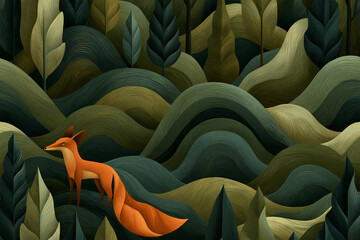 Obraz premium Fox standing in a green and brown forest with waves of trees and leaves in the background