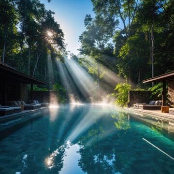 Brilliant sunlight streams through dense forest canopy onto a serene swimming pool in a secluded resort setting.