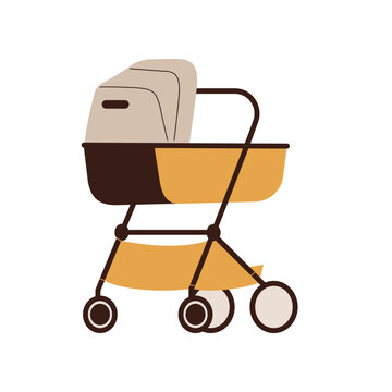 Baby yellow carriage isolated on white. Kids pram, stroller, pushchair with cradle and canopy, sunshade. Infants transport, trolley, cart for walking, strolling. Flat vector illustration