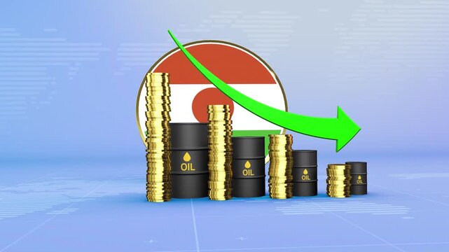 Niger Oil Prices Decline with Oil Barrels, Gold Coins and Downward Green Arrow, 3D Economic and Financial Market Concept