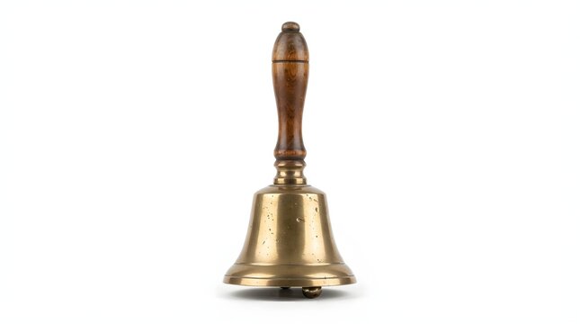 Antique brass handbell with wooden handle on white background.